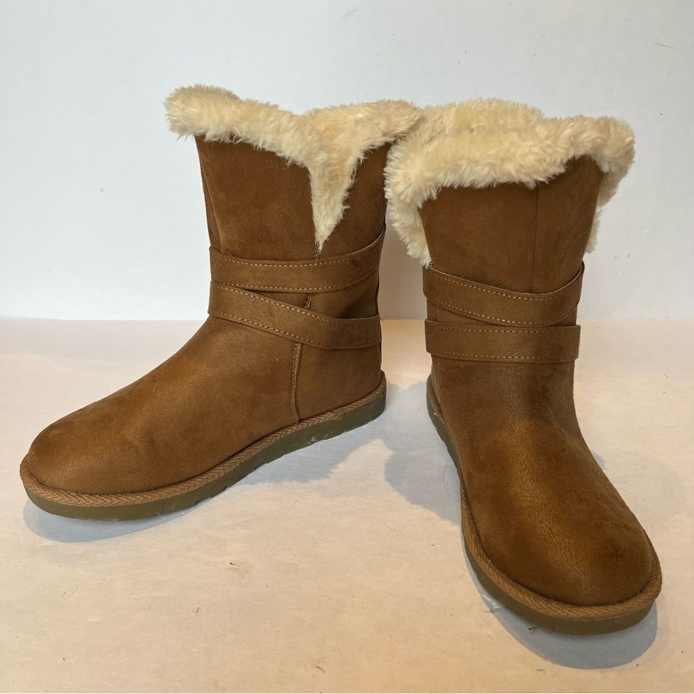 Air Walk Women's Mid Calf Boots Brown/Beige Size 7.5 Faux Fur Trim